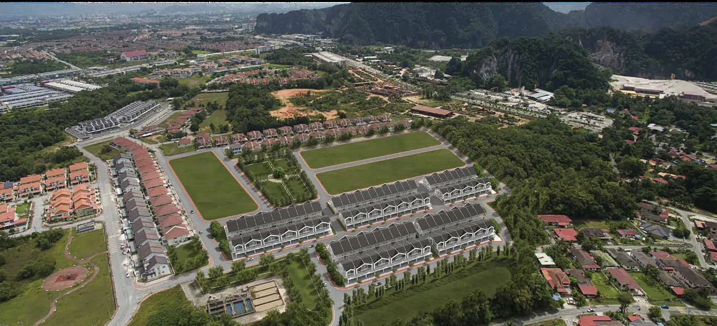 Aerial view of Pulai Heights Ipoh with limestone hills and Bandar Seri Botani township