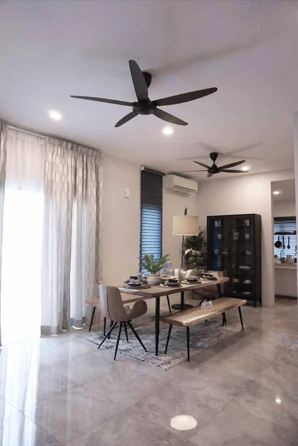 Pulai Heights dining area with polished tiles and high ceiling
