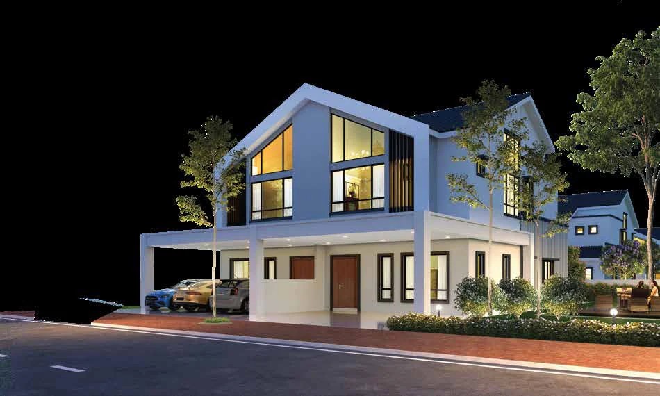 Pulai Heights 2-storey Semi-D dusk facade with glass gable, Off Jalan Gopeng Ipoh